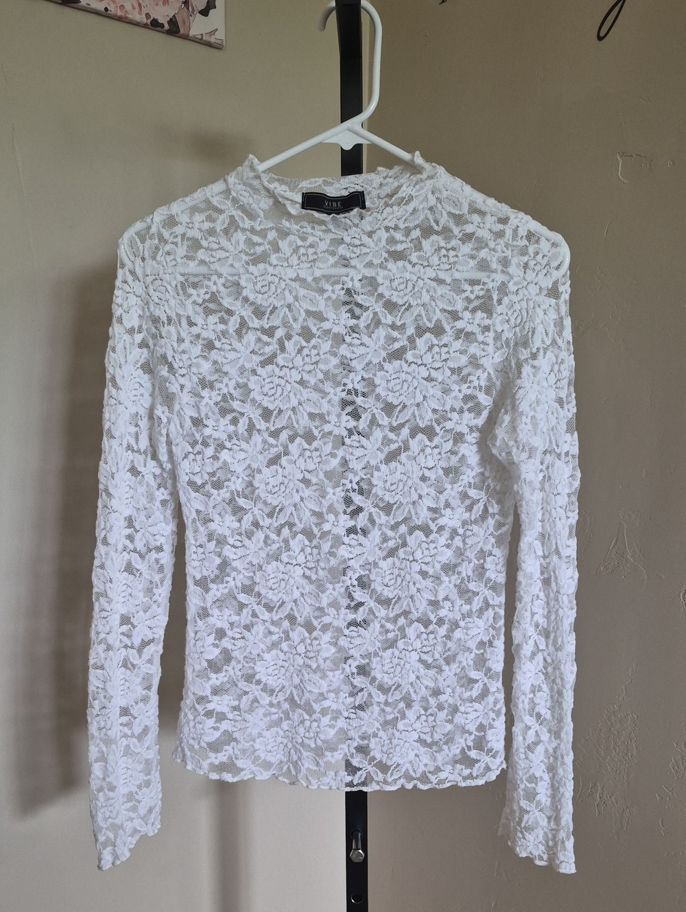 Vibe White Floral Lace Long-Sleeve Mock Neck Top Size Large Coquette